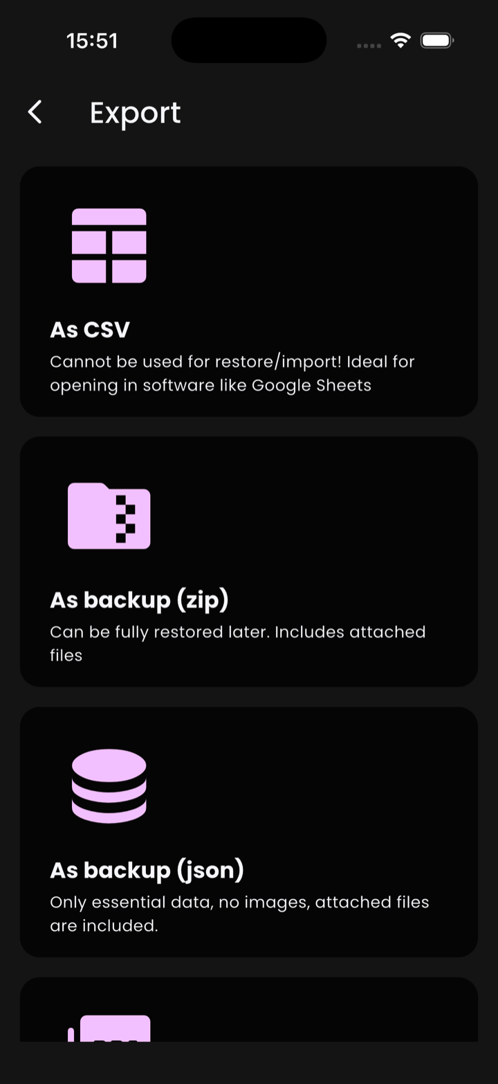 The Export screen with format cards: As CSV, As backup (zip), As backup (json), and more below the fold.