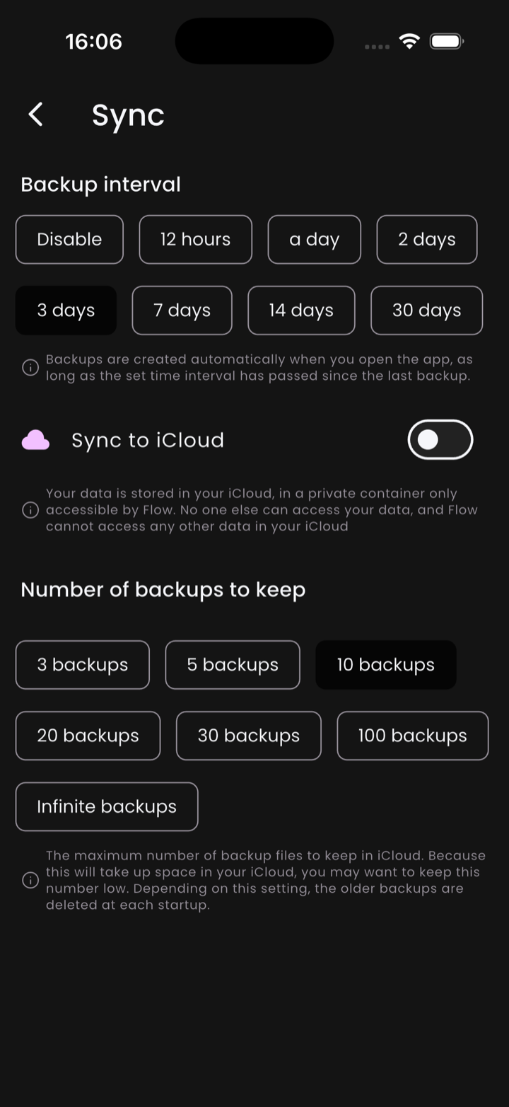 The Sync preferences page with the backup-interval chips, the Sync to iCloud toggle, and the keep-count chips.