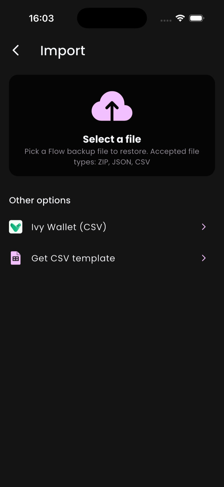 The Import screen with a Select a file area and Other options for Ivy Wallet and Get CSV template.