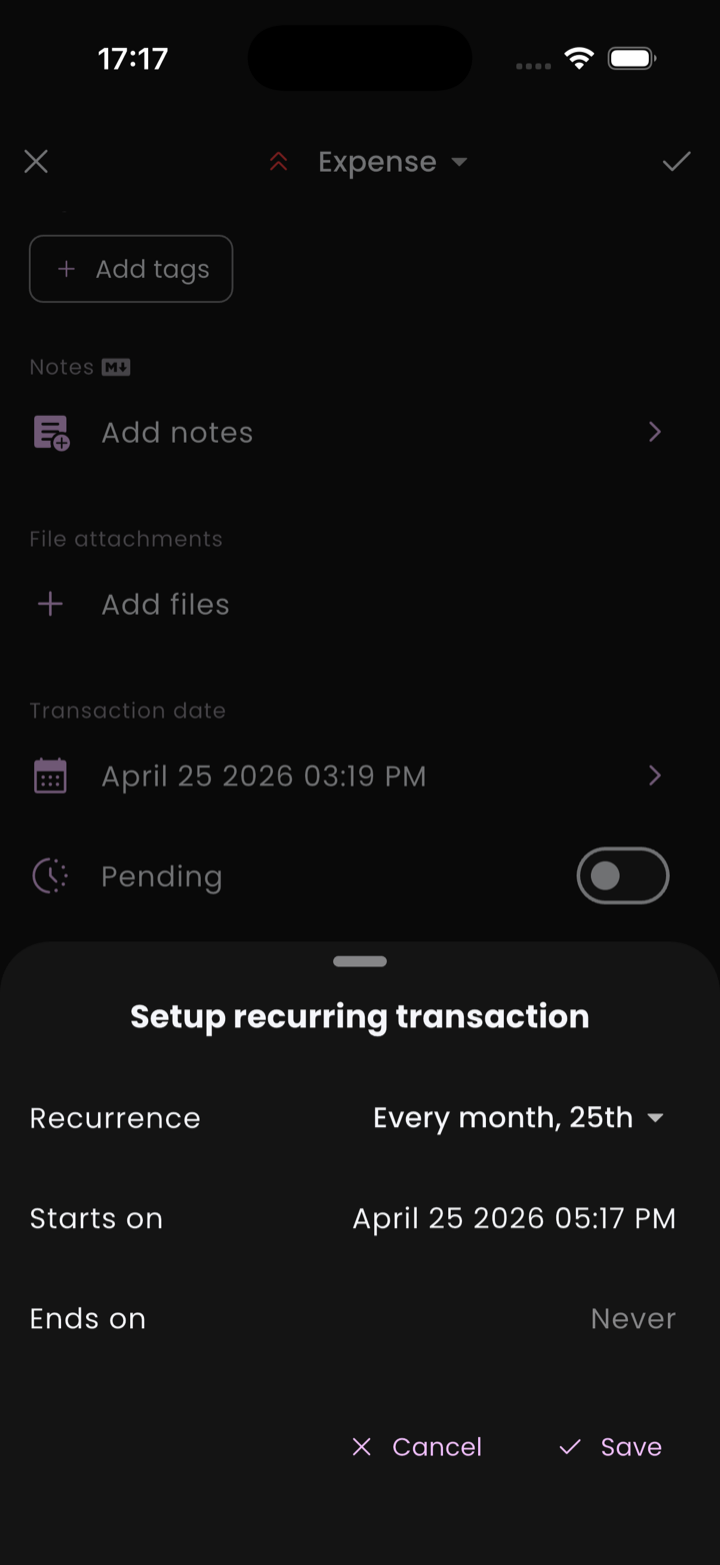 Setup recurring transaction sheet with Recurrence, Starts on, and Ends on rows.