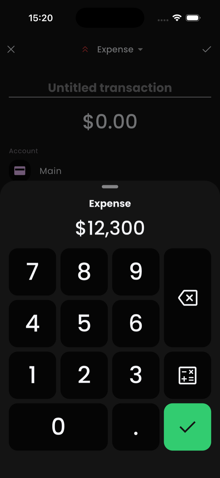 The expense entry screen — amount numpad, category, account, and title field visible.